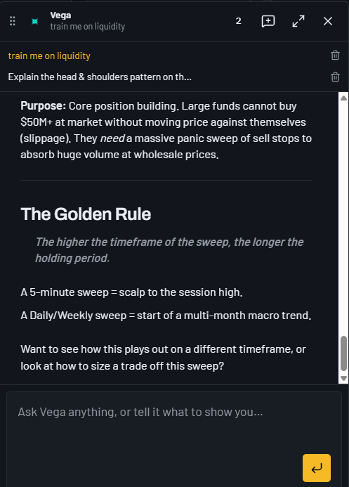 Vega chat explaining the purpose of liquidity sweeps and the golden rule of timeframe